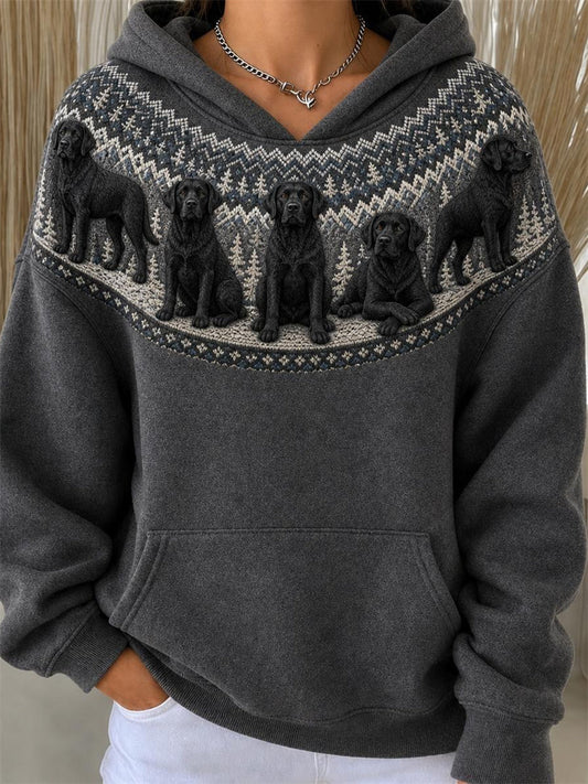 Women's Vintage Black Labrador Dogs Yoke Isle Pattern Print Hoodie gracestitchs