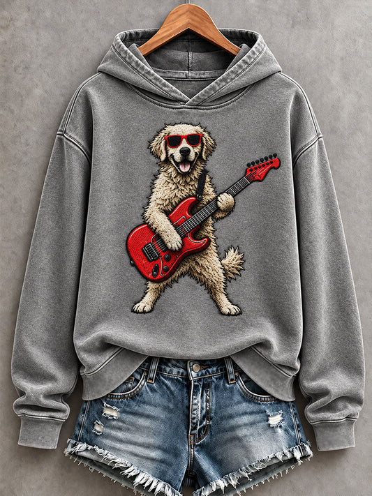 Women's Funny Rocker Golden Retriever Playing Guitar Print Dog Lovers Casual Hoodie gracestitchs