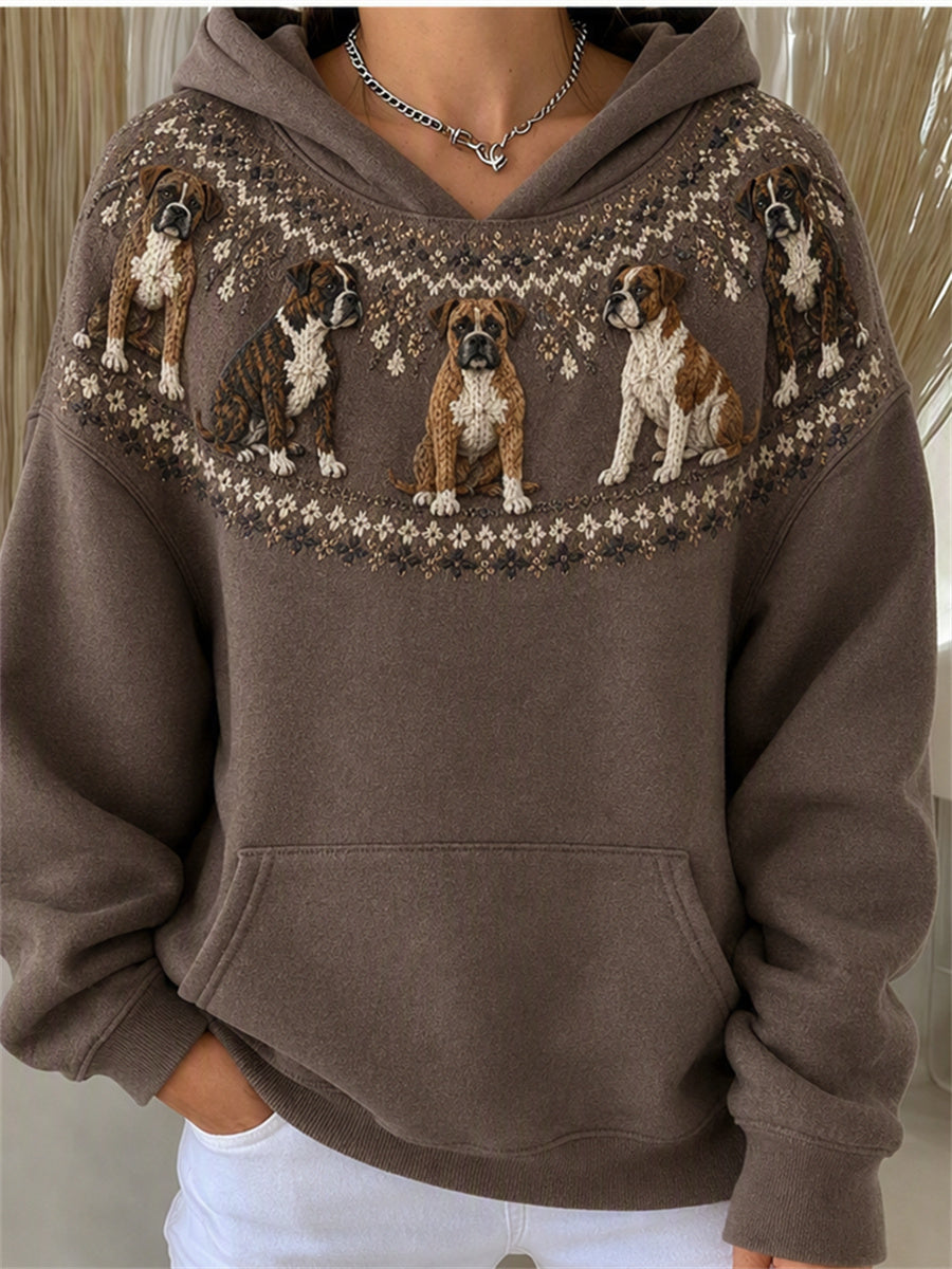 Women's Vintage Boxer Dogs Yoke Isle Print Cozy Hoodie gracestitchs