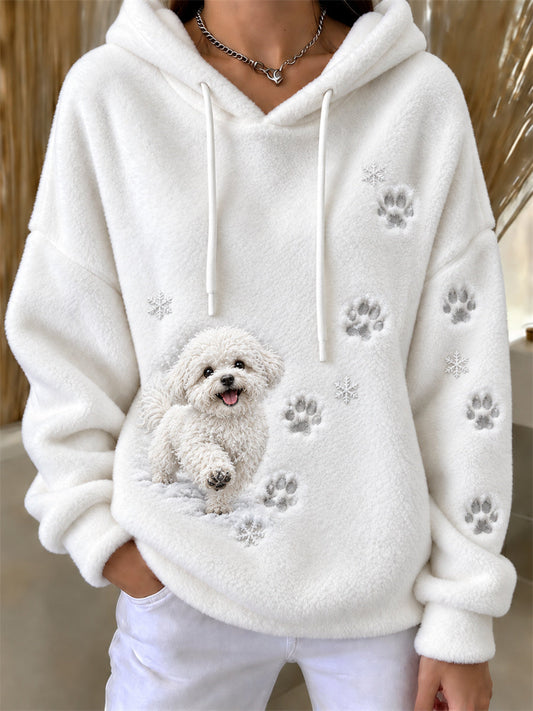 Women's Bichon Dog & Paw Prints in the snow Print Cozy Flannel Hoodie gracestitchs