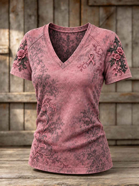 Women's Corss and Pink Charity Ribbon Pattern Design Casual V-neck Short-sleeved T-shirt