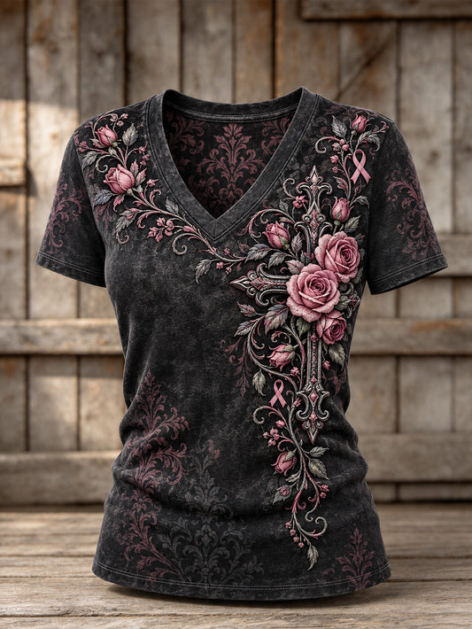 Women's Women's Corss and Pink Charity Ribbon Pattern Design Casual short-sleeved T-shirt gracestitchs
