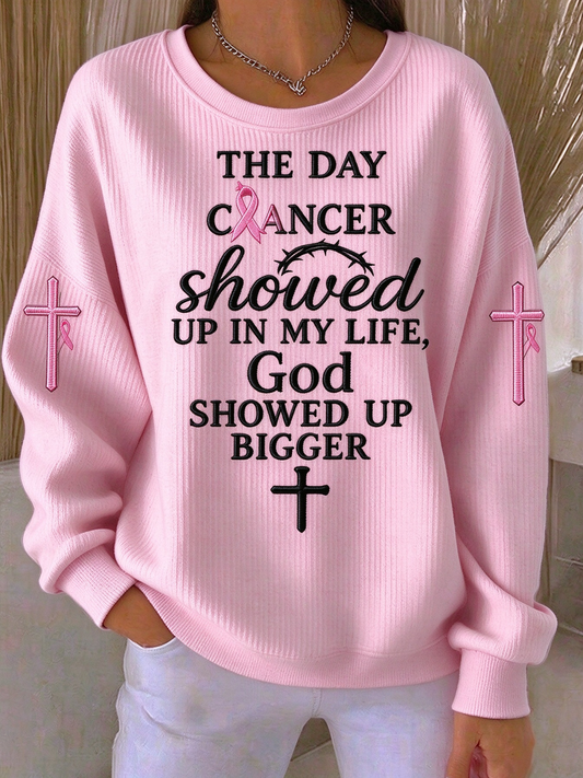 Women's Faith Cross Breast Cancer Awareness Ribbed Round-Neck Sweatshirt gracestitchs