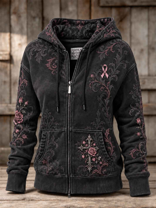 Women's  Corss and Pink Charity Ribbon Pattern Design Casual Zip-Up Hoodie