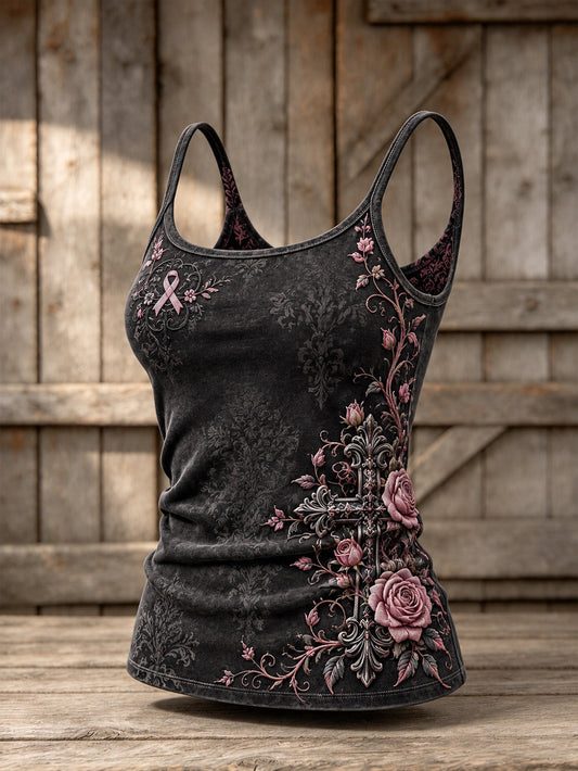 Women's Corss and Pink Charity Ribbon Pattern Design Casual Vest gracestitchs