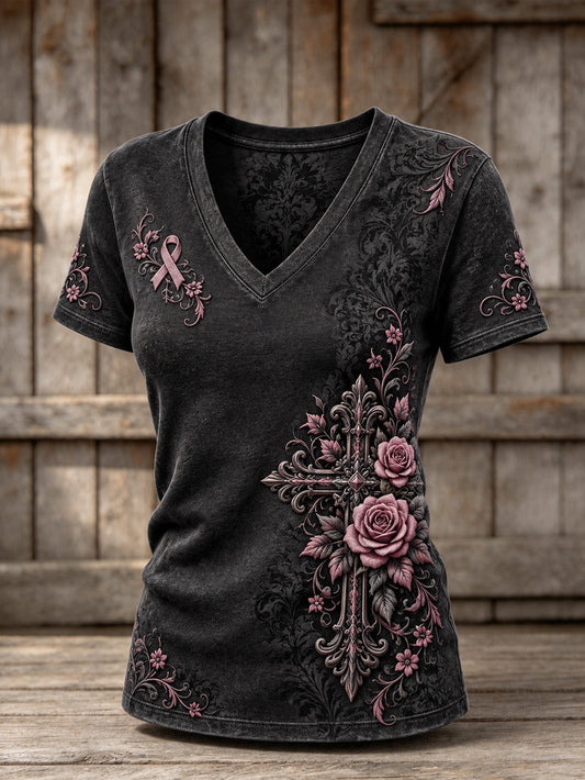 Women's Corss and Pink Charity Ribbon Pattern Design Casual Short-sleeved T-shirt gracestitchs