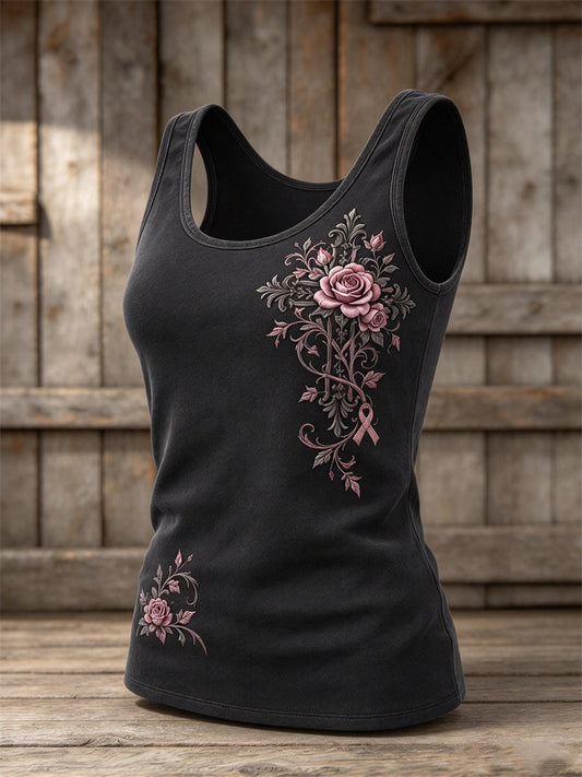 Women's Gothic Cross Pink Ribbon Roses Floral Print Tank Top gracestitchs