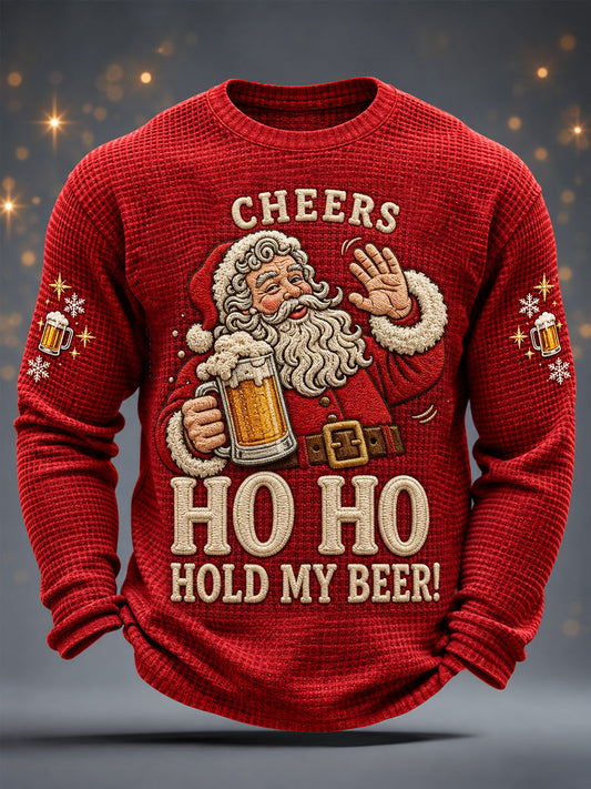 Men's Christmas Funny Santa Claus Cheers Ho Ho Hold My Beer! Print Casual Waffle Long Sleeve T-Shirt gracestitchs