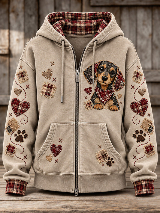 Women's Cute Patchwork Dog Print Zip-Up Hoodie gracestitchs