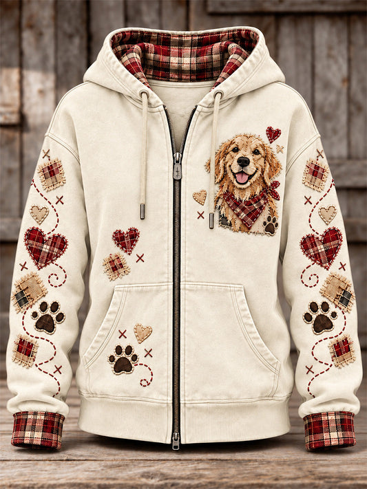 Women's Cute Patchwork Dog Print Zip-Up Hoodie gracestitchs