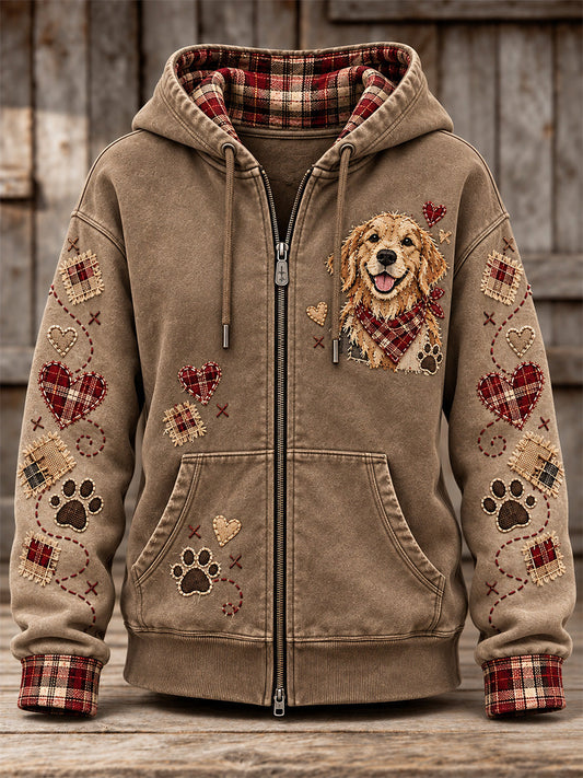 Women's Cute Patchwork Dog Print Zip-Up Hoodie gracestitchs