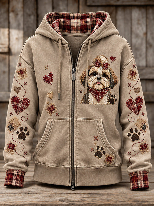 Women's Cute Patchwork Dog Print Zip-Up Hoodie gracestitchs