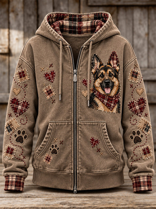 Women's Cute Patchwork Dog Print Zip-Up Hoodie gracestitchs