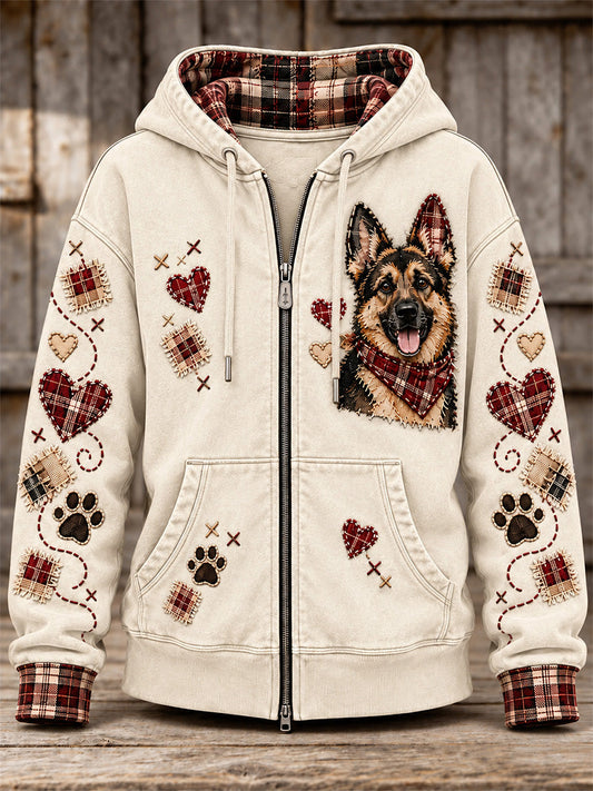 Women's Cute Patchwork Dog Print Zip-Up Hoodie gracestitchs