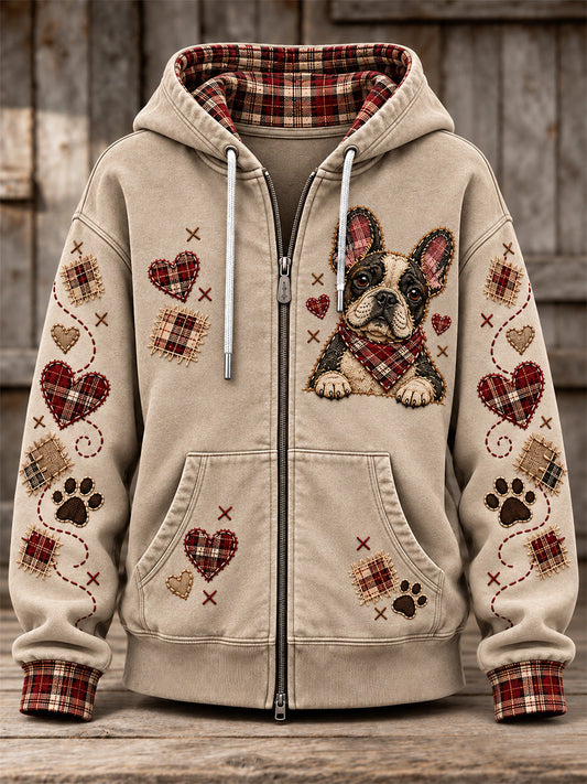 Women's Cute Patchwork Dog Print Zip-Up Hoodie gracestitchs