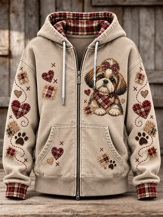 Women's Cute Patchwork Dog Print Zip-Up Hoodie gracestitchs