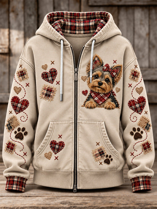 Women's Cute Patchwork Dog Print Zip-Up Hoodie gracestitchs