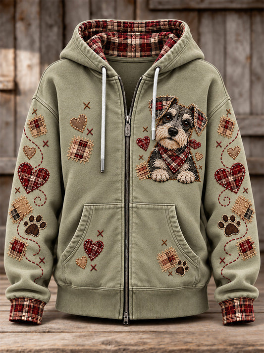 Women's Cute Patchwork Dog Print Zip-Up Hoodie gracestitchs