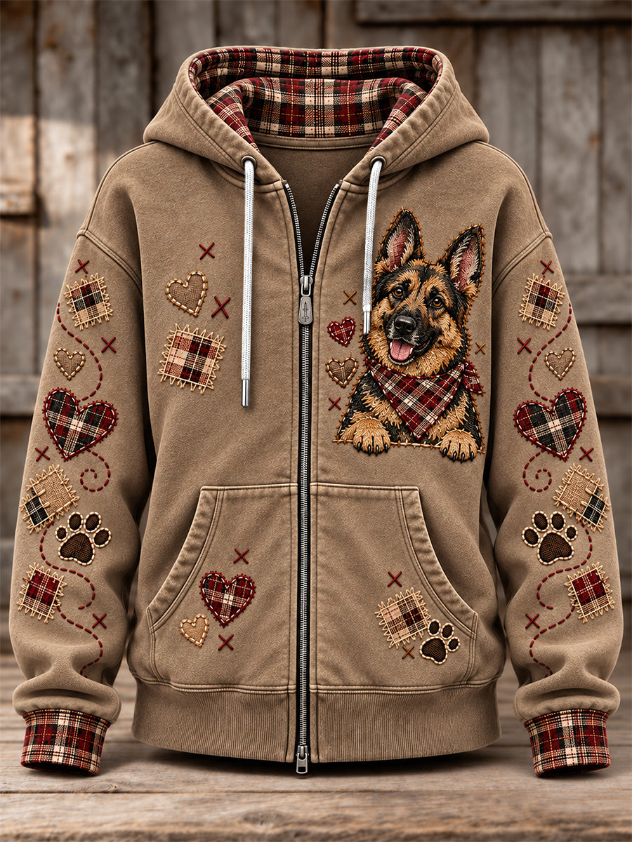 Women's Cute Patchwork Dog Print Zip-Up Hoodie gracestitchs