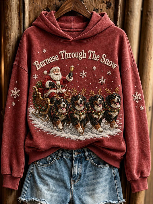 Women's Bernese Through the Snow Christmas Santa Claus & Dogs Print Hoodie gracestitchs