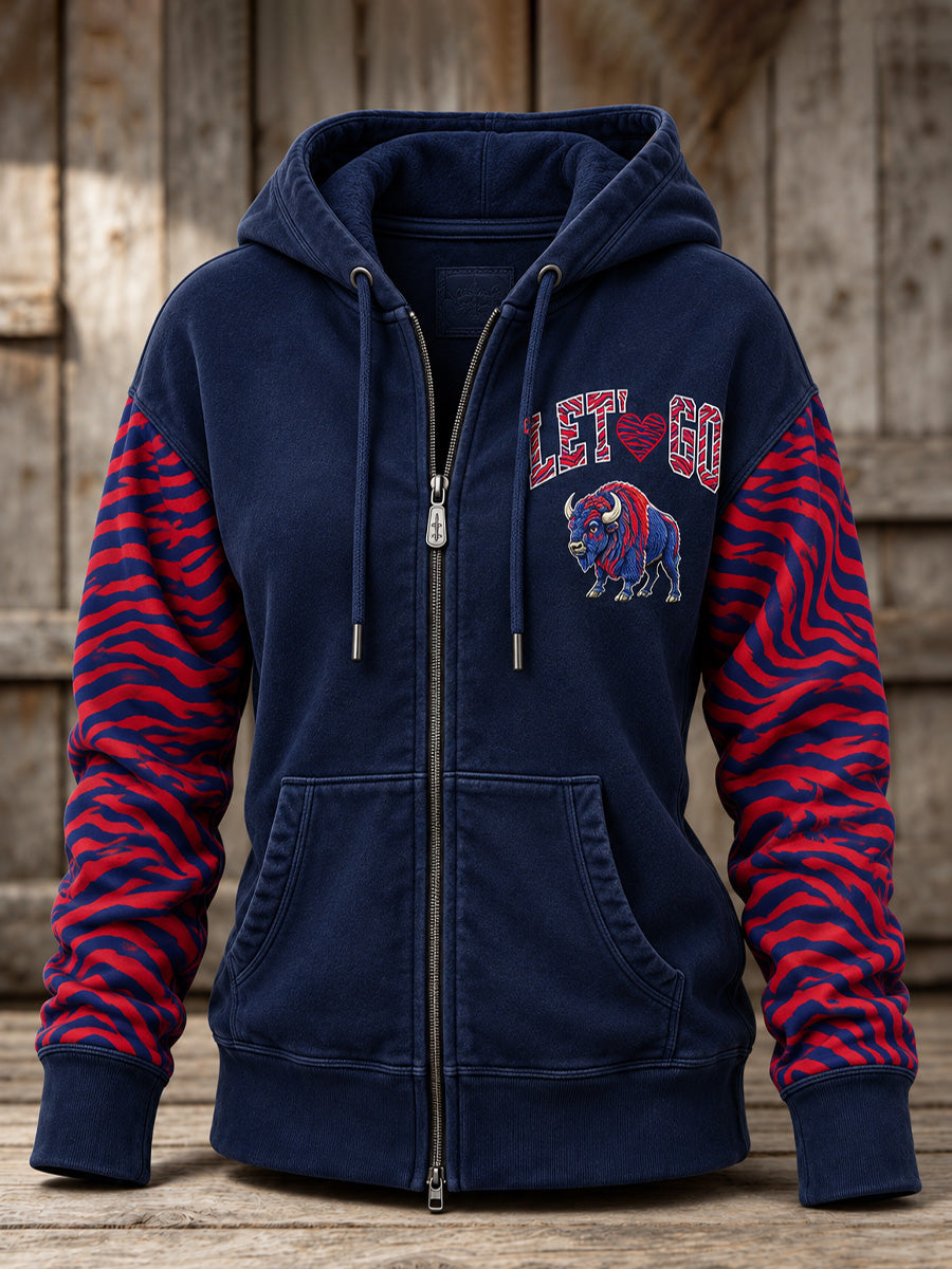 Women's Football Lover Buffalo Print Casual Zip-Up Hoodie gracestitchs