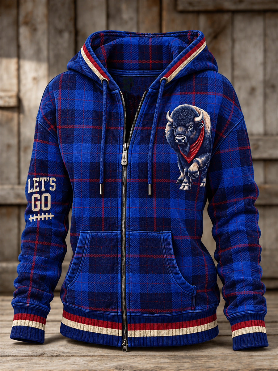 Women's Football Lover Buffalo Print Casual Zip-Up Hoodie gracestitchs