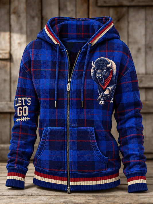 Women's Football Lover Buffalo Print Casual Zip-Up Hoodie gracestitchs