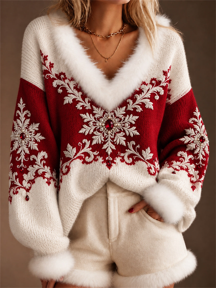 Women's Classy Christmas Snowflakes Contrast Color Print Fur Trim V Neck Sweater gracestitchs