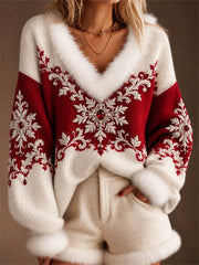Women's Classy Christmas Snowflakes Contrast Color Print Fur Trim V Neck Sweater gracestitchs