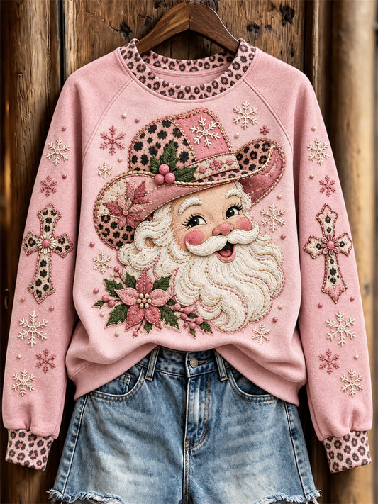 Women's Christmas Western Pink Santa Claus & Cross Print raglan sleeve sweatshirt gracestitchs