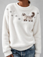 Women's Ragdoll Cat in the Snow Paw Prints & Snowflakes Print Cozy Flannel Sweatshirt gracestitchs