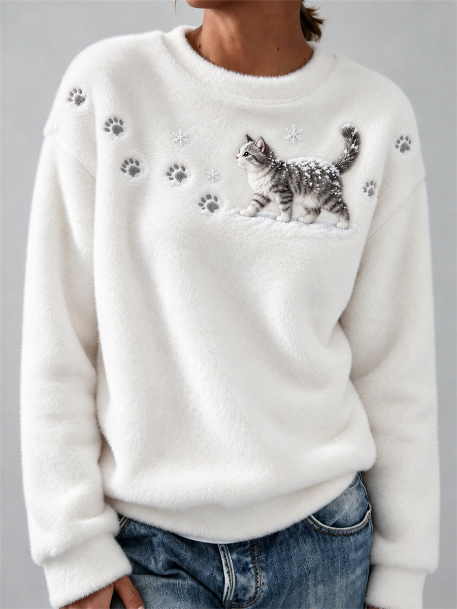 Women's European Shorthair Cat in the Snow Paw Prints & Snowflakes Print Cozy Flannel Sweatshirt gracestitchs