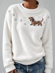 Women's Dachshund Dog in the Snow Paw Prints & Snowflakes Print Cozy Flannel Sweatshirt gracestitchs