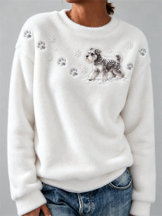 Women's Schnauzer Dog in the Snow Paw Prints & Snowflakes Print Cozy Flannel Sweatshirt gracestitchs