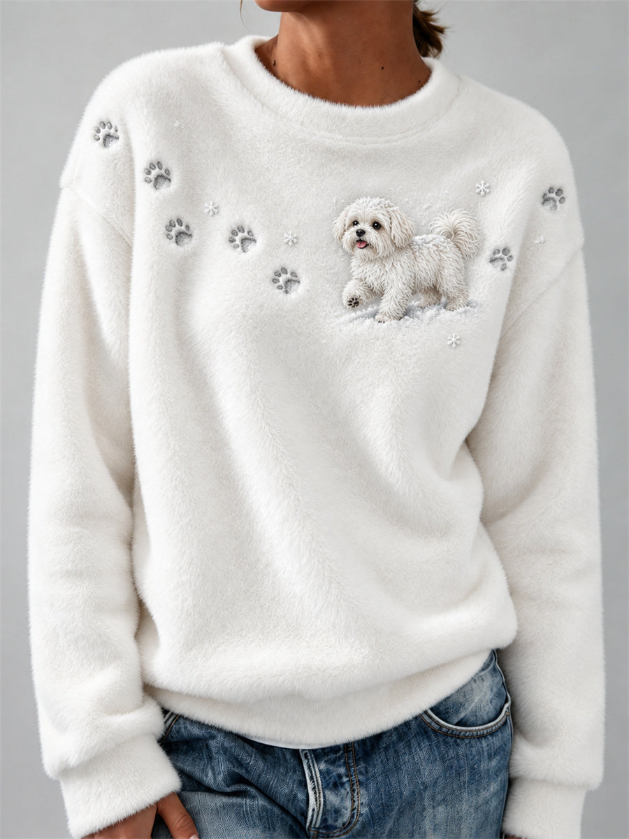 Women's Maltese Dog in the Snow Paw Prints & Snowflakes Print Cozy Flannel Sweatshirt gracestitchs