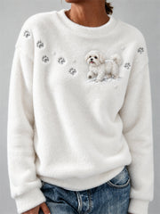 Women's Maltese Dog in the Snow Paw Prints & Snowflakes Print Cozy Flannel Sweatshirt gracestitchs