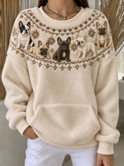 Women's Vintage French Bulldogs Yoke Isle Pattern Print Flannel Sweatshirt gracestitchs