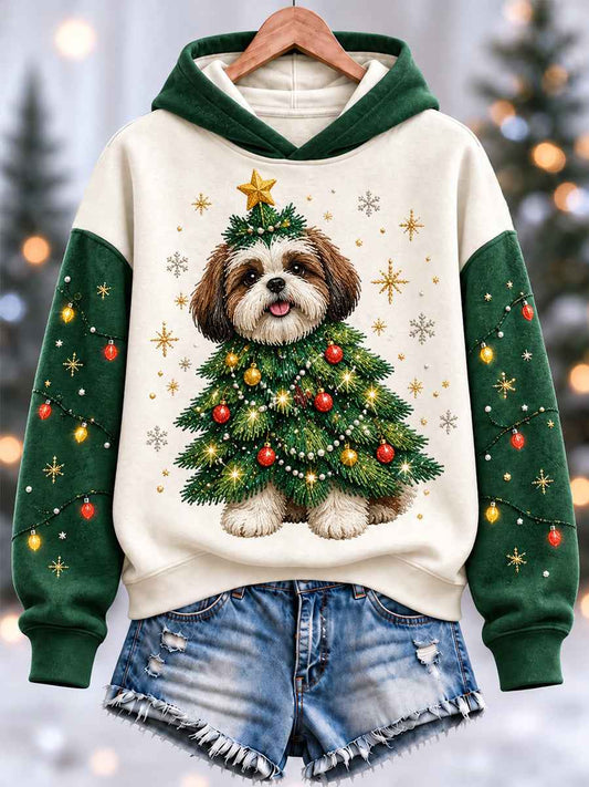 Women's Funny Cute Shih Tzu Christmas Tree Print Casual Hoodie