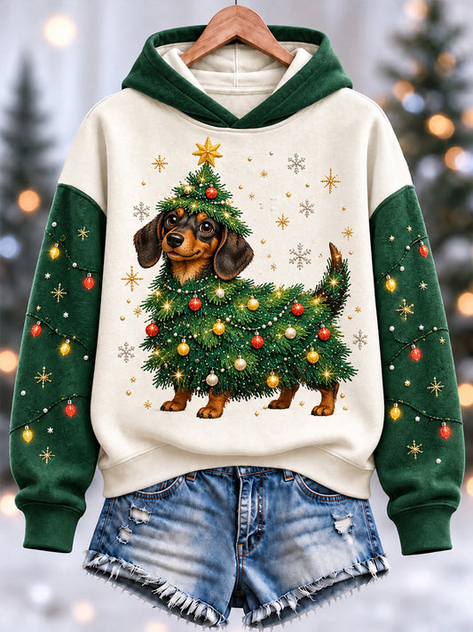 Women's Funny Cute Dachshund Christmas Tree Print Casual Hoodie gracestitchs