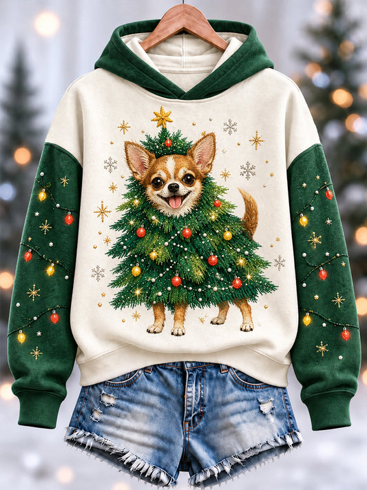 Women's Funny Cute Chihuahua Christmas Tree Print Casual Hoodie gracestitchs