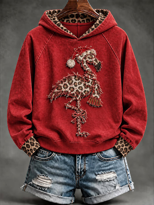Women's Christmas Leopard Flamingo Print Casual Hoodie gracestitchs
