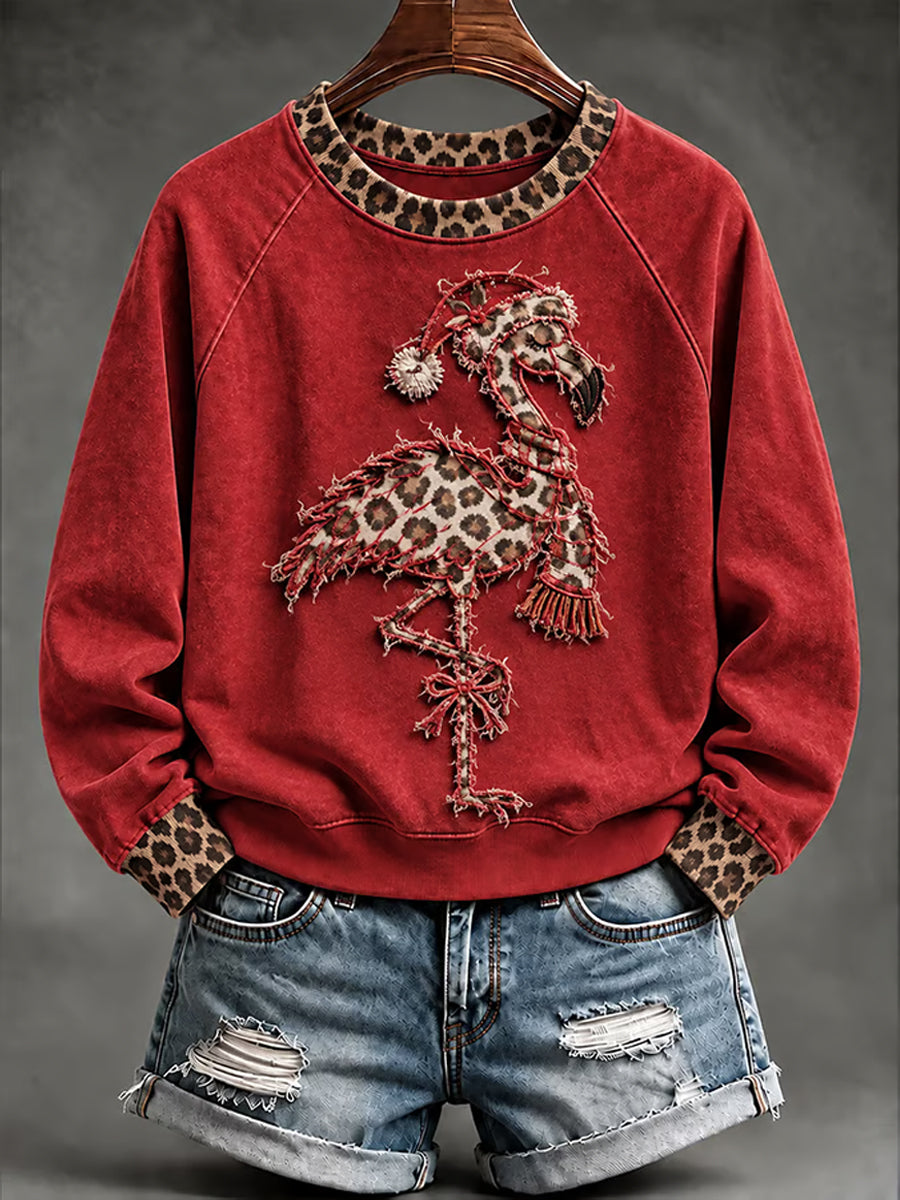 Women's Christmas Leopard Flamingo Print Casual Sweatshirt gracestitchs