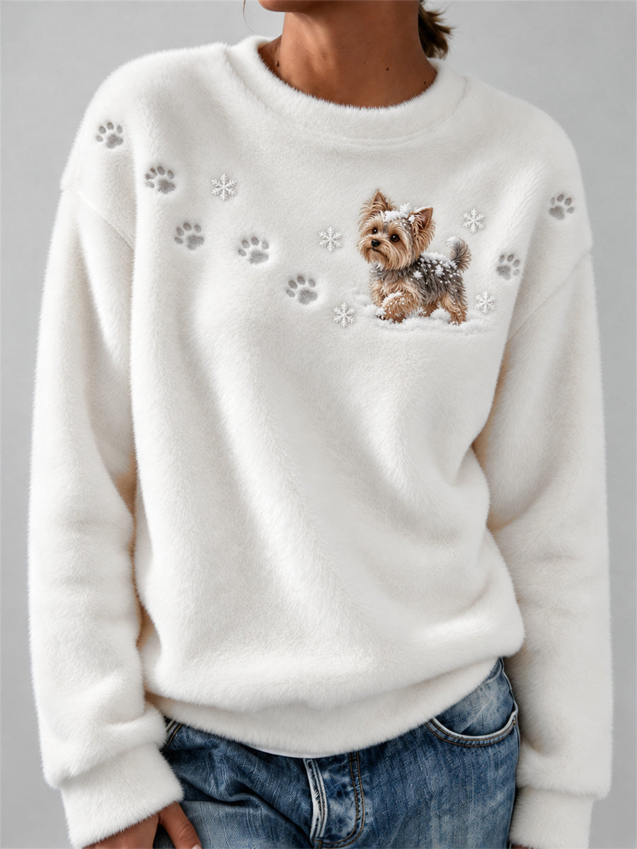 Women's Yorkie Dog in the Snow Paw Prints & Snowflakes Print Cozy Flannel Sweatshirt gracestitchs