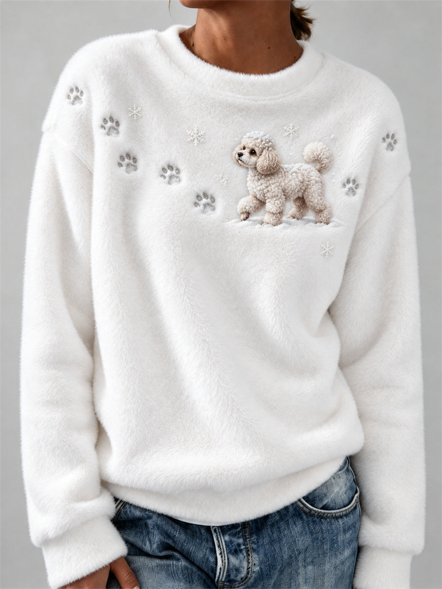 Women's Poodle Dog in the Snow Paw Prints & Snowflakes Print Cozy Flannel Sweatshirt gracestitchs