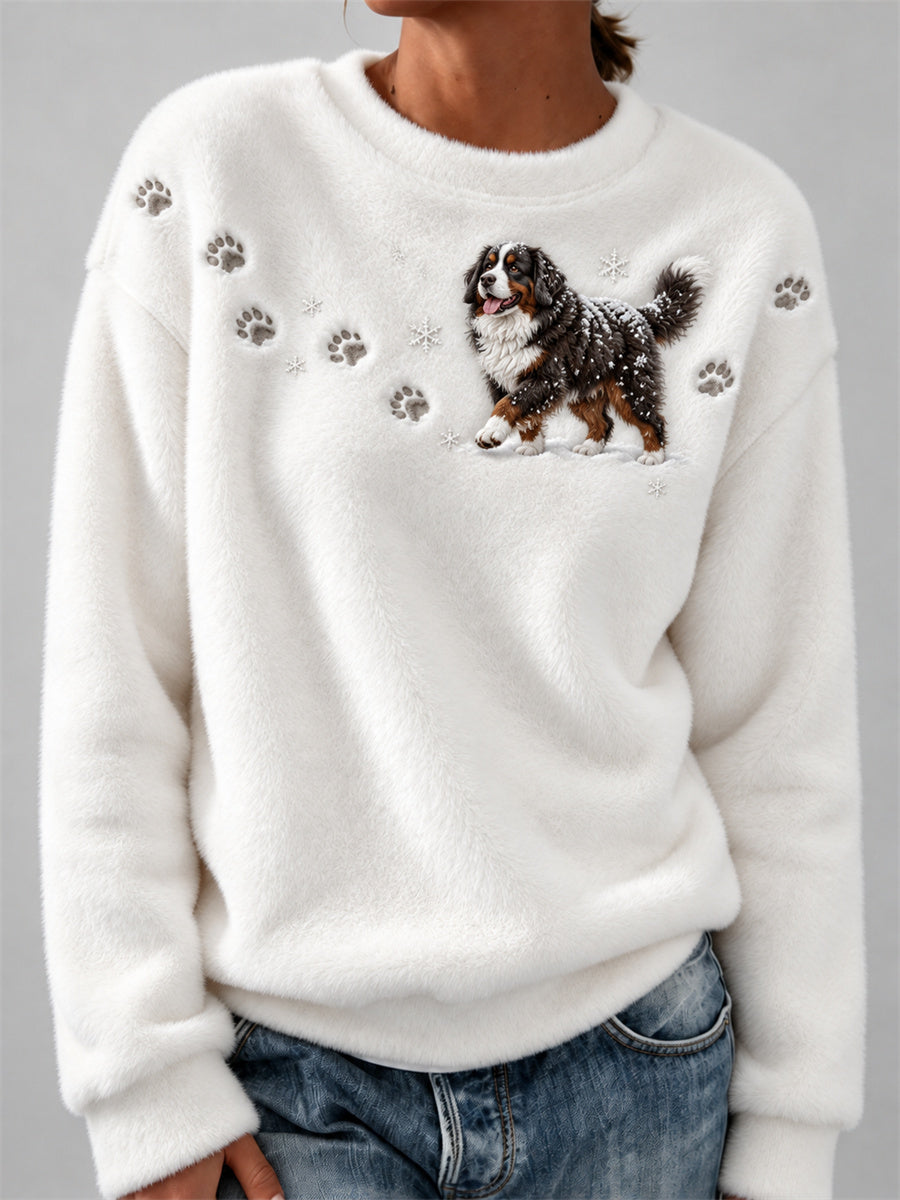 Women's Bernese Mountain Dog in the Snow Paw Prints & Snowflakes Print Cozy Flannel Sweatshirt gracestitchs