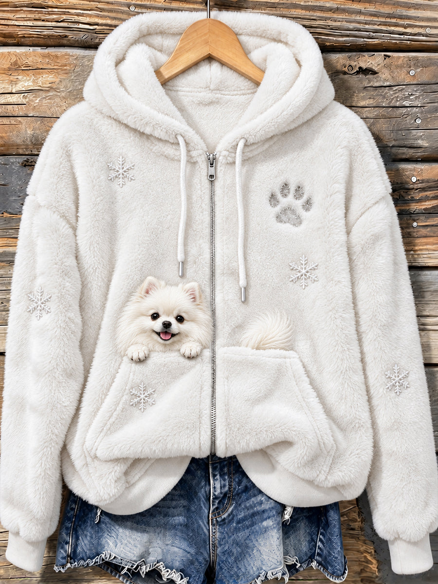 Women's Cute Peeking Pomeranian Dog & Paw Print Cozy Flannel Jacket gracestitchs