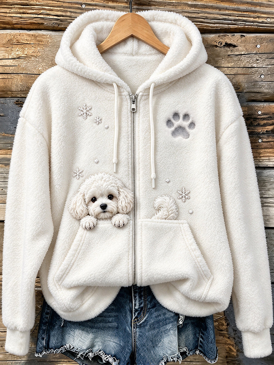 Women's Cute Peeking Bichon Frise Dog & Paw Print Cozy Flannel Jacket gracestitchs