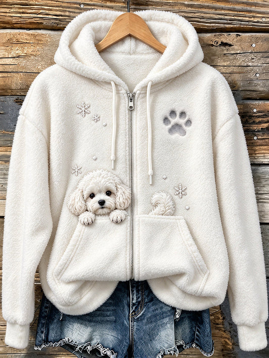 Women's Cute Peeking Bichon Frise Dog & Paw Print Cozy Flannel Jacket gracestitchs