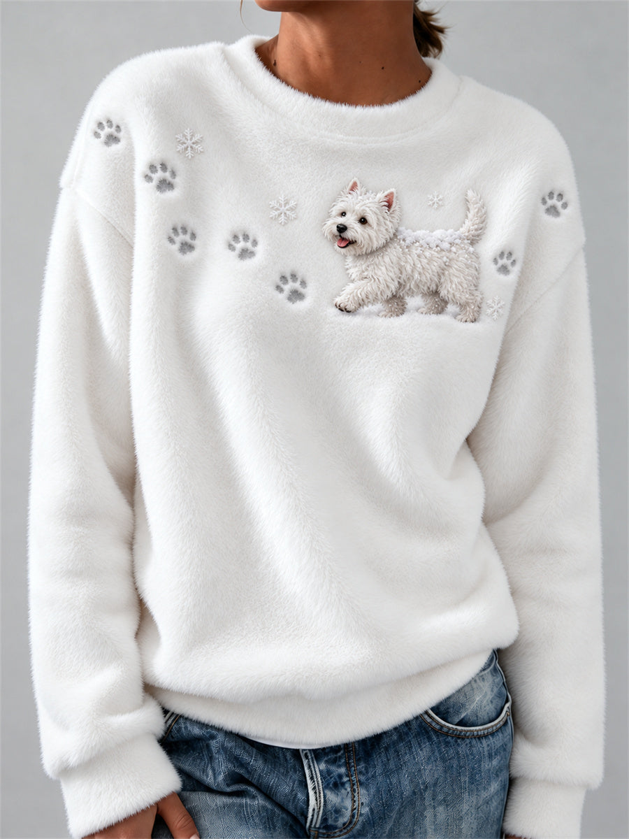 Women's West Highland White Terrier Dog in the Snow Paw Prints & Snowflakes Print Cozy Flannel Sweatshirt gracestitchs
