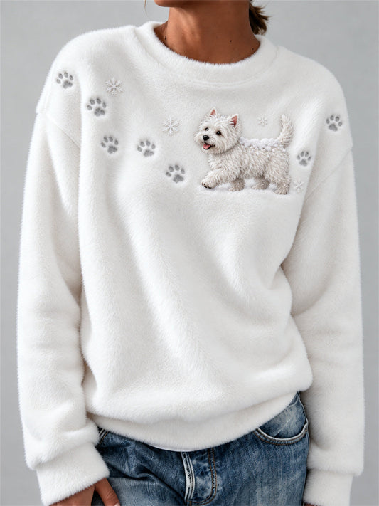 Women's West Highland White Terrier Dog in the Snow Paw Prints & Snowflakes Print Cozy Flannel Sweatshirt gracestitchs